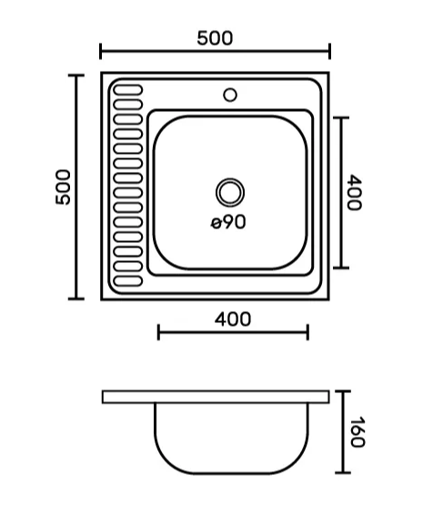 FABIA Мойка накладная 60х60 лев (0,6 мм)глубина 160 мм+ большой сифон с переливом 62273L
