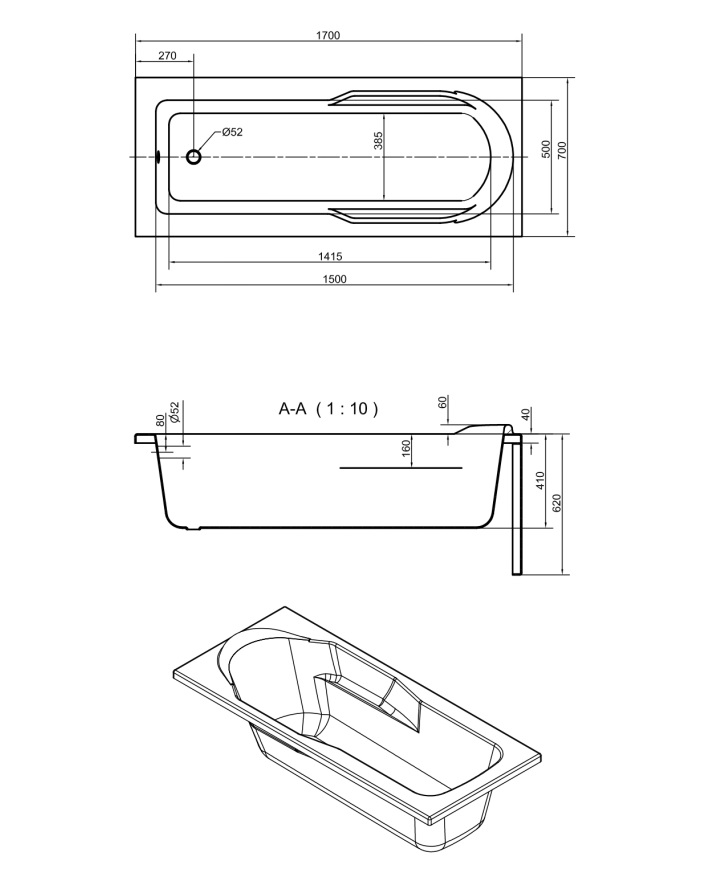 Ванна акрил CERSANIT SANTANA 170*70 + рама+ панель