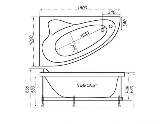 ТРИТОН Ванна Николь левая Экстра 1600х1000х480 на каркасе без панели и сифона