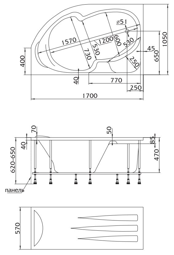 Ванна акрил 1MARKA DIANA 170*105 левая+каркас+панель без сифона