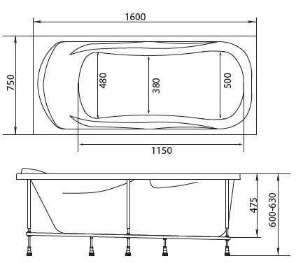 Ванна акрил 1MARKA KLEO 160*75 +каркас без панели и сифона
