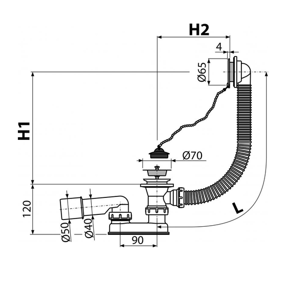 Сифон для ванны хромированный (57см) A501, ALCAPLAST