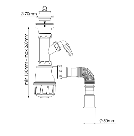 Сифон для мойки вып. 70мм разборный с отв. для ст.маш. с г/т 1 1/2 - Ø40/50 1061 (30), NOVA PLASTIK