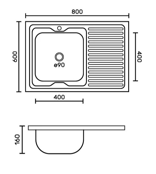 FABIA Мойка накладная 80х60 прав (0,6 мм)глубина 160 мм+ большой сифон с переливом 62275R