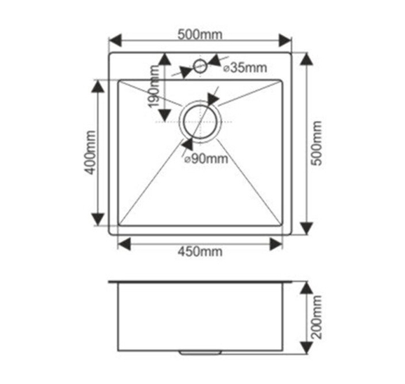 FABIA PROFI Мойка врезная 50х50см толщ.-3,0 х 0,8мм + большой сифон + корзина 50503