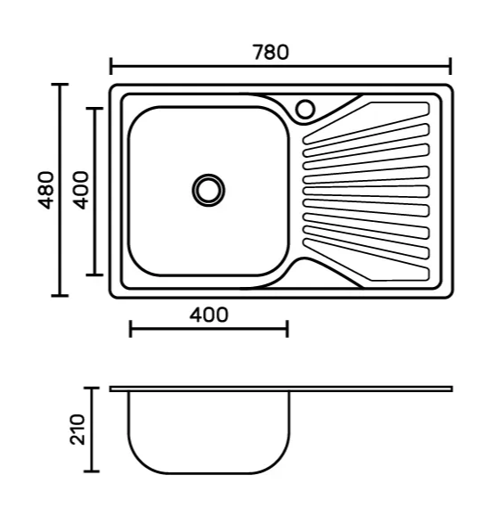 FABIA Мойка врезная 780х480 лев (0,8 мм) глубина 180 мм+ большой сифон с переливом 62322L