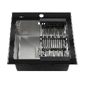 FABIA PROFI Мойка врезная 50х50см универс.ЧЁРНОЕ СТЕКЛО (8мм) и нержавеющая сталь+сифон+корзина 9501