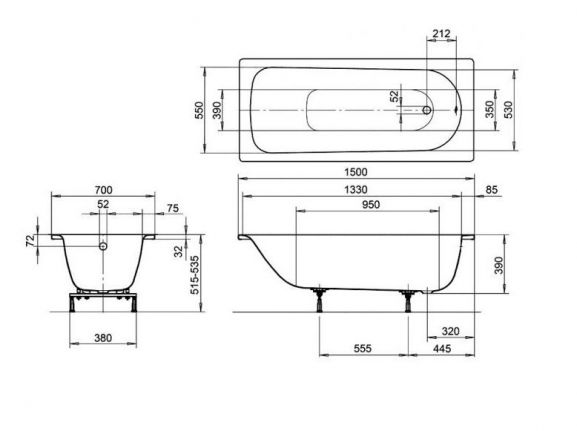 Ванна стальная EUROWA 150*70*39см 2,3мм+ножки, KALDEWEI