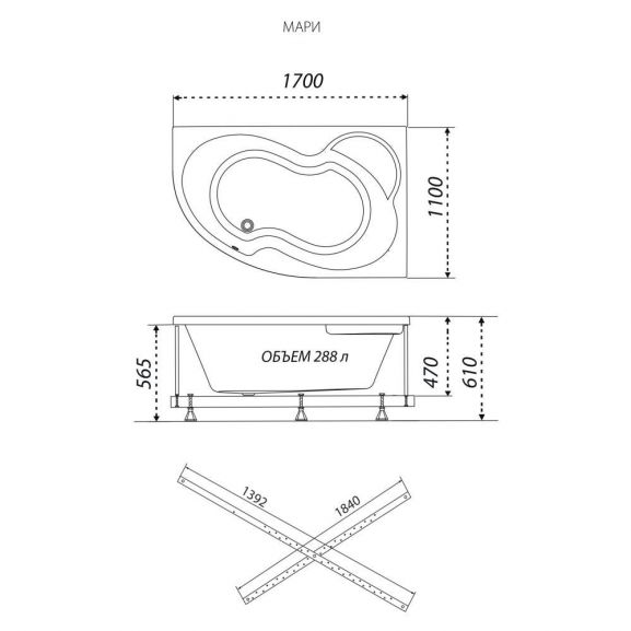 ТРИТОН Ванна Мари 1700х1100х470 правая на каркасе без панели и сифона