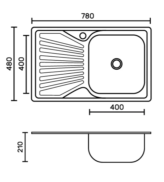 FABIA Мойка врезная 780х480 прав (0,8 мм) глубина 180 мм+ большой сифон с переливом 62322R