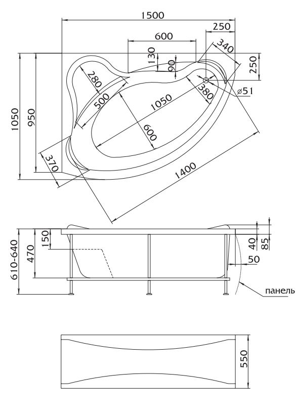 Ванна акрил 1MARKA CATANIA 150*105 левая+каркас+панель без сифона