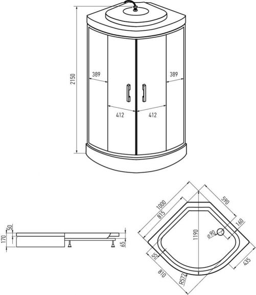 ERLIT Душевая кабина ER3510P-C3-RUS 100*100*215 (без г/м, низ.поддон, мат.стекло)