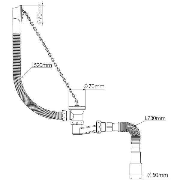 Сифон для ванны низкий вып.70мм  h120мм с пластм. цепочкой с г/т 1 1/2- Ø40/50 1521 (25), NOVA PLAST