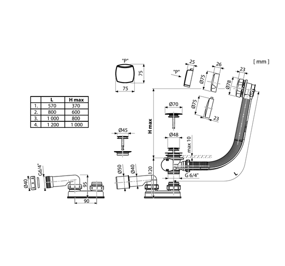 Сифон для ванны автомат комплект металл (57см) A55KM, ALCAPLAST