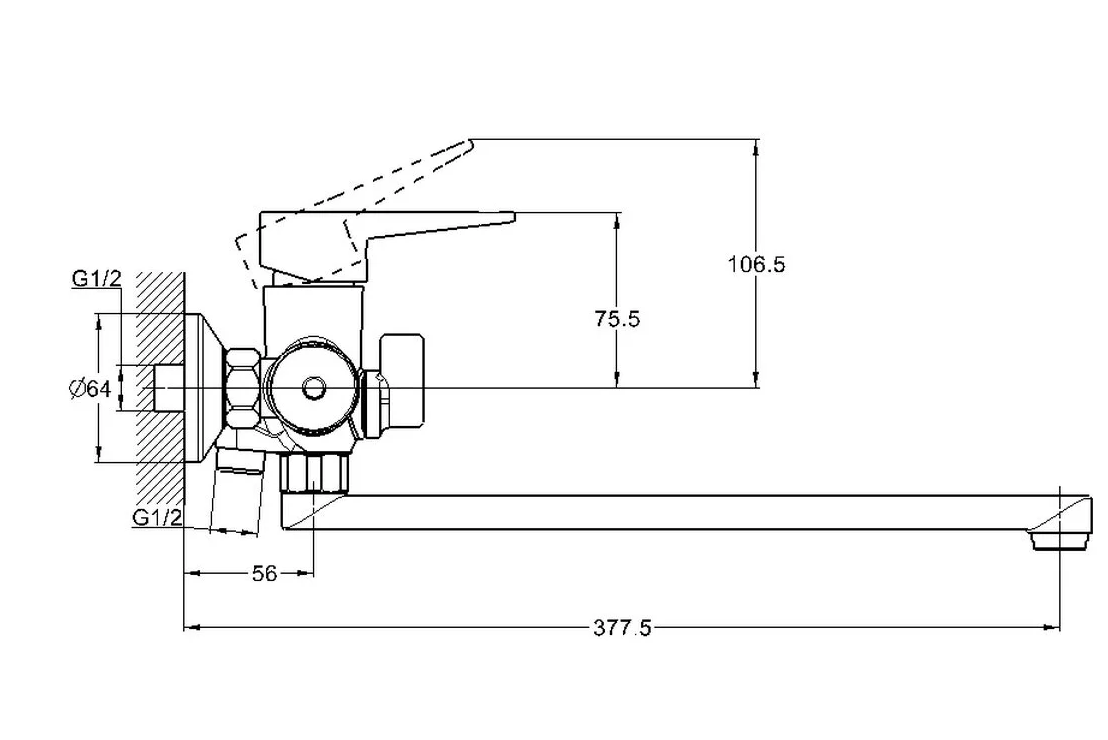 Смеситель для ванны G-lauf NUD7-A045 (универсальный;D35; длин.излив; дивертор в корпусе)