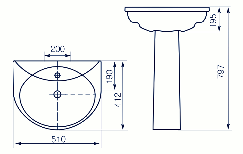 Умывальник Комфорт (51см)  с отв. (на кроншт. КСт-210), без кронштейнов, Киров