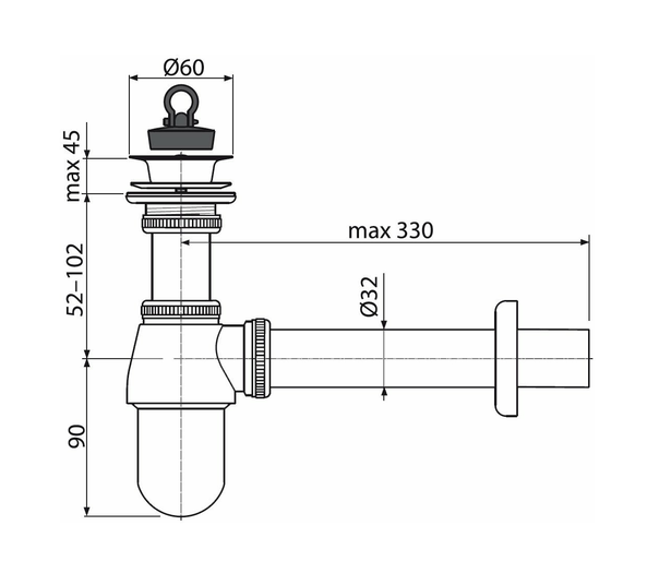 Сифон латунный хромированный универс. с выпуском и трубкой ф32 A437 AlcaPlast