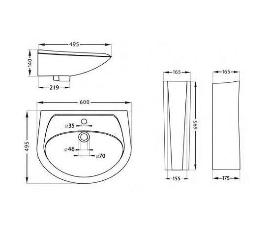 Бриз-60 Умывальник SANTEK WH110466 (под пьедестал БИЦ)