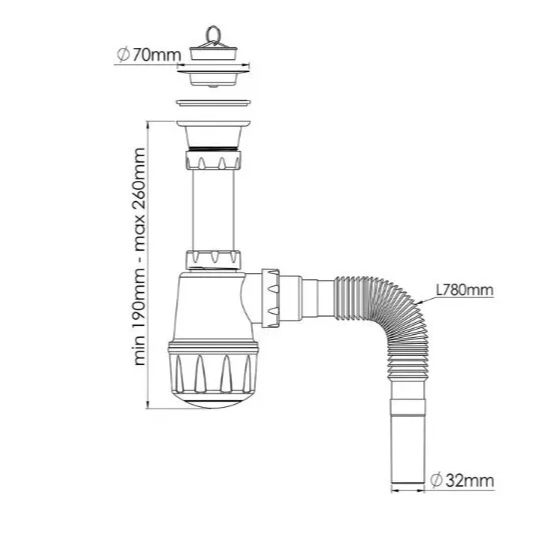 Сифон для мойки вып. 70мм разборный, с г/т  1 1/2 - Ø40/50 1060 (30), NOVA PLASTIK