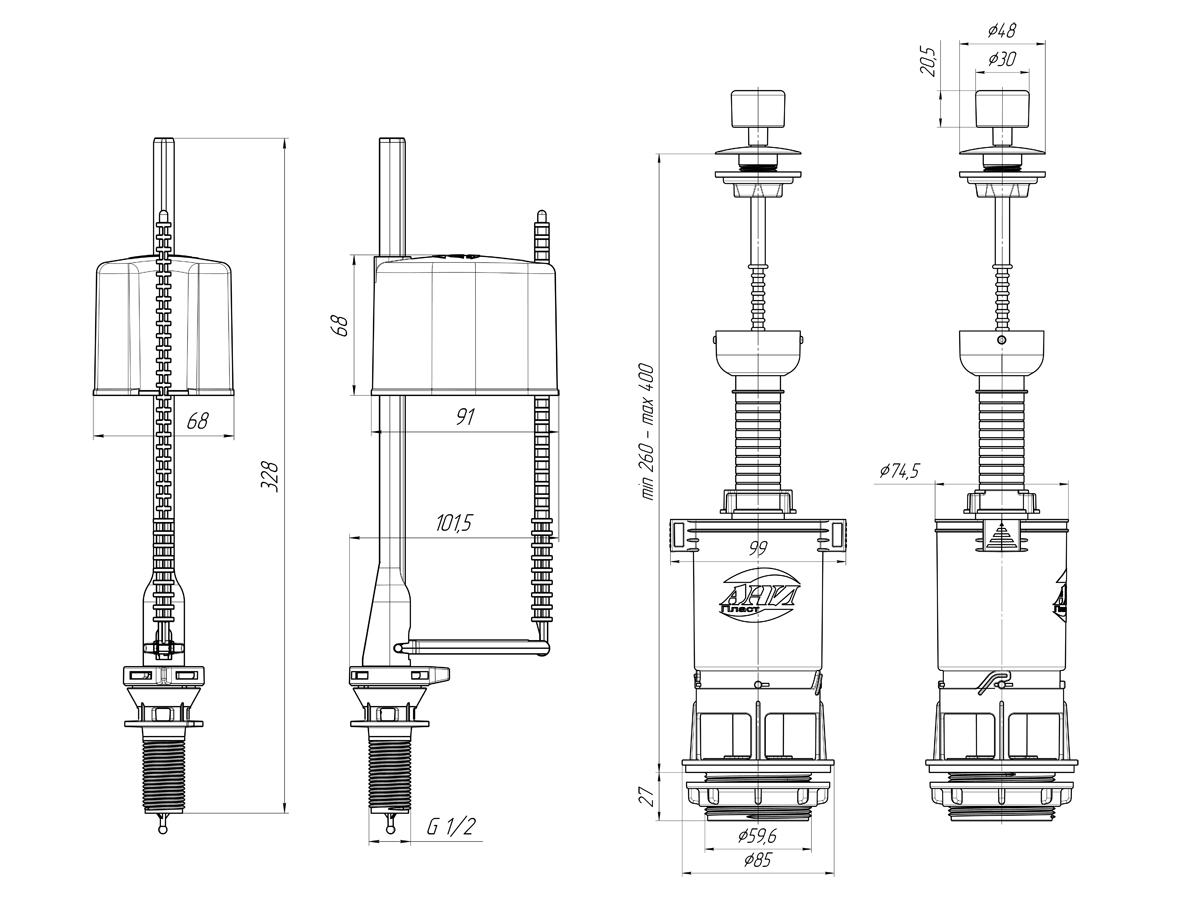 Арматура к бачку с ниж.подв. шток,мет. ручка WC4550M (20) Ани пласт
