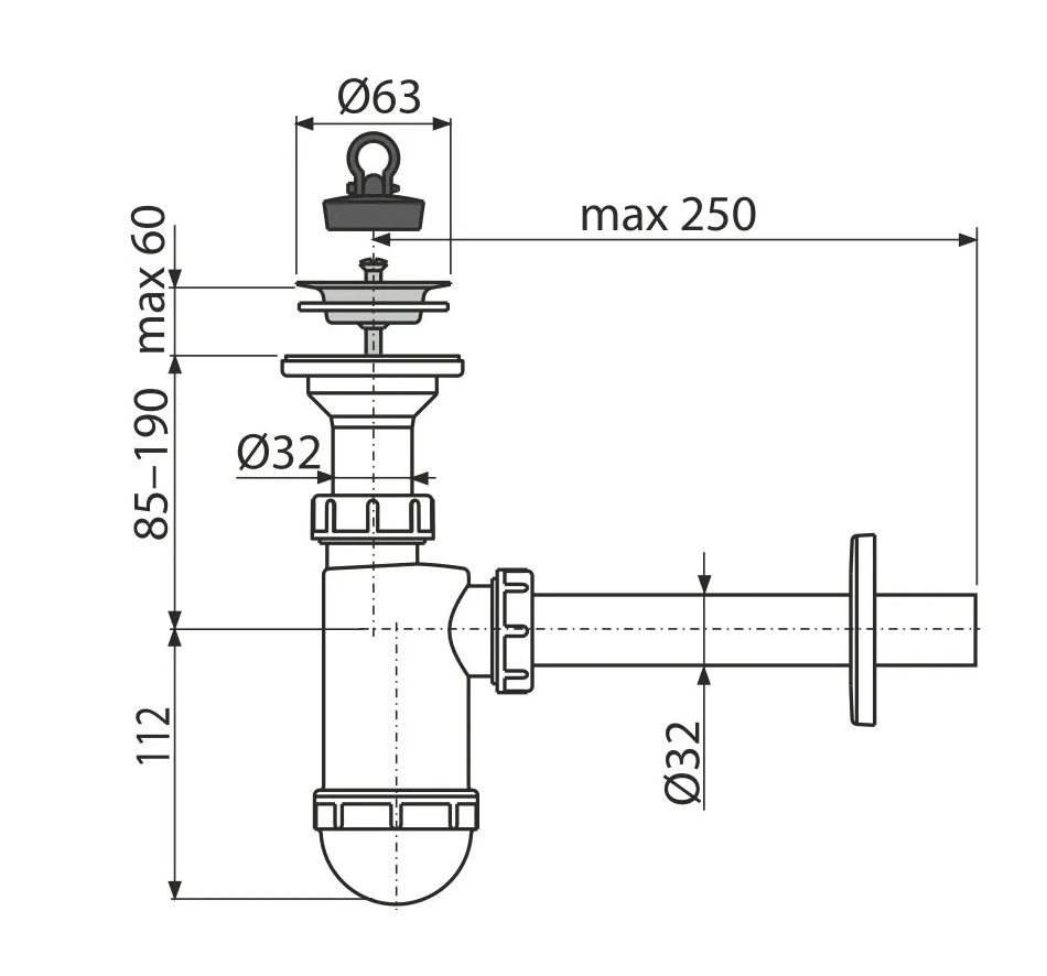 Сифон для умывальника Ø32 с нержавеющей peшeткой Ø63 A410, ALCAPLAST
