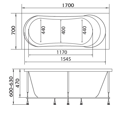 Ванна акрил 1MARKA LIBRA 170*70 +каркас+панель без сифона