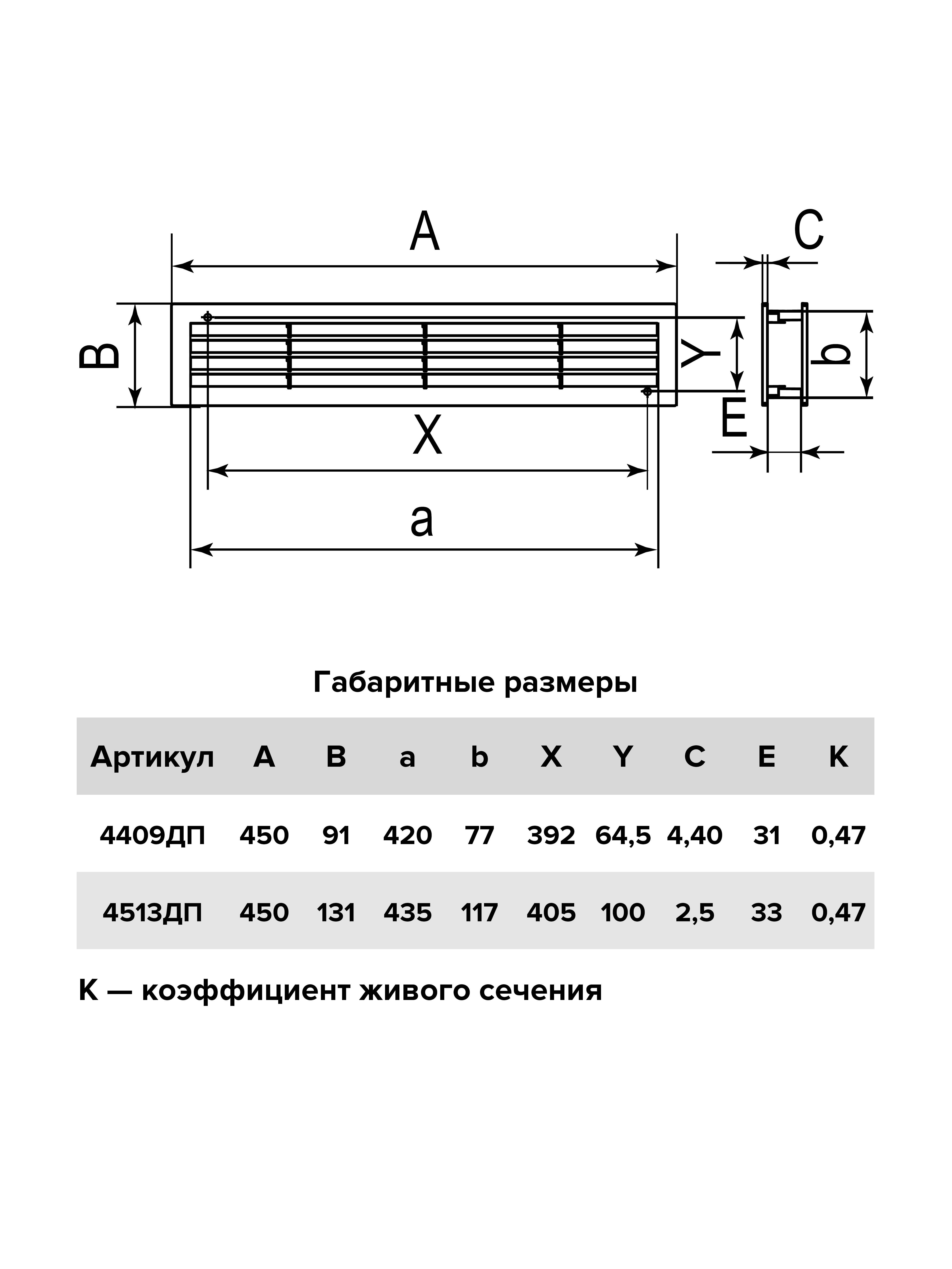 Решетка вентиляционная переточная АБС 450х91, бел. 4409ДП