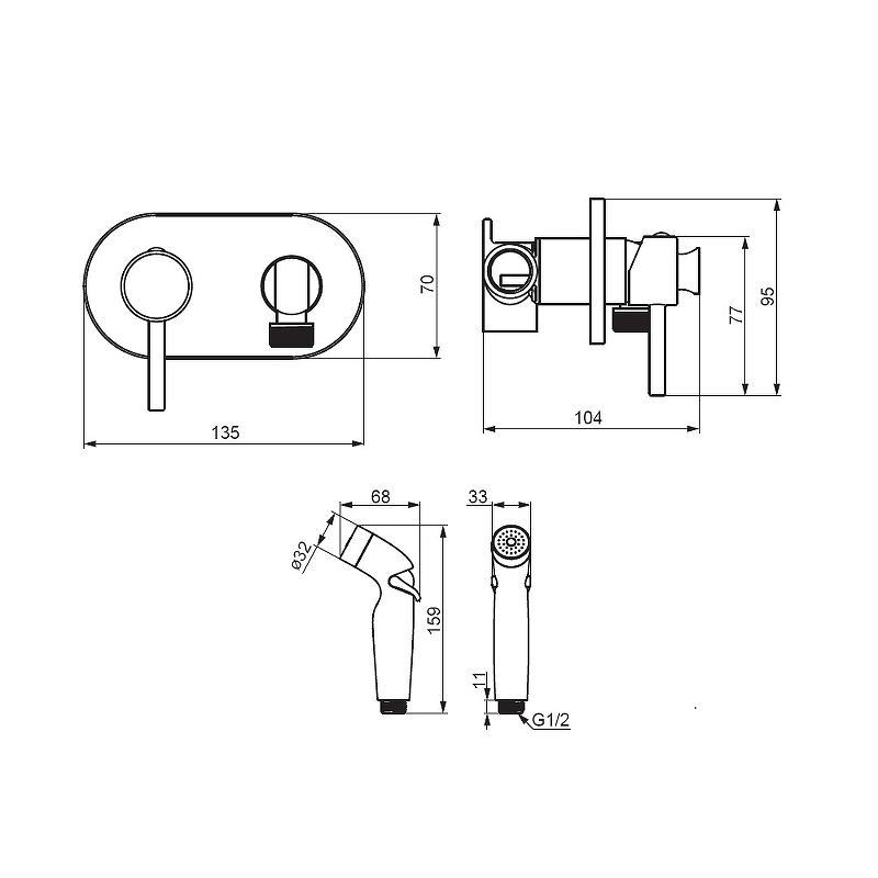 Смеситель, монтируемый в стену с гигиеническим душем чёрный матовый 212000300 Option DAMIXA