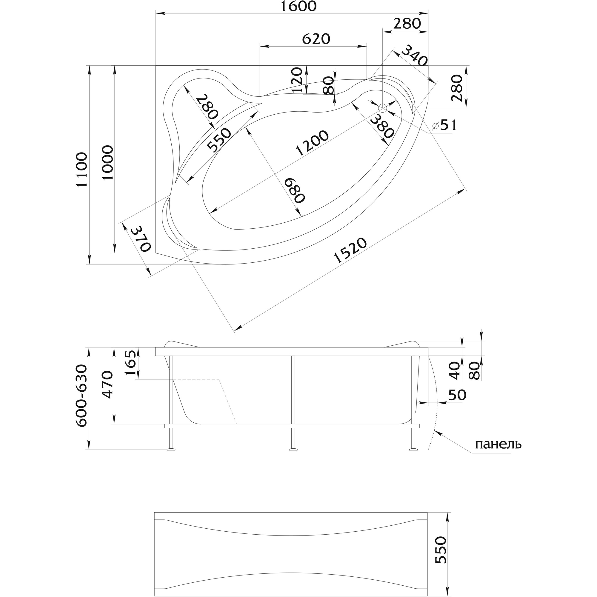 Ванна акрил 1MARKA CATANIA 160*110 левая+каркас+панель без сифона