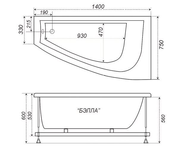 ТРИТОН Ванна Бэлла-левая на каркасе без панели и сифона