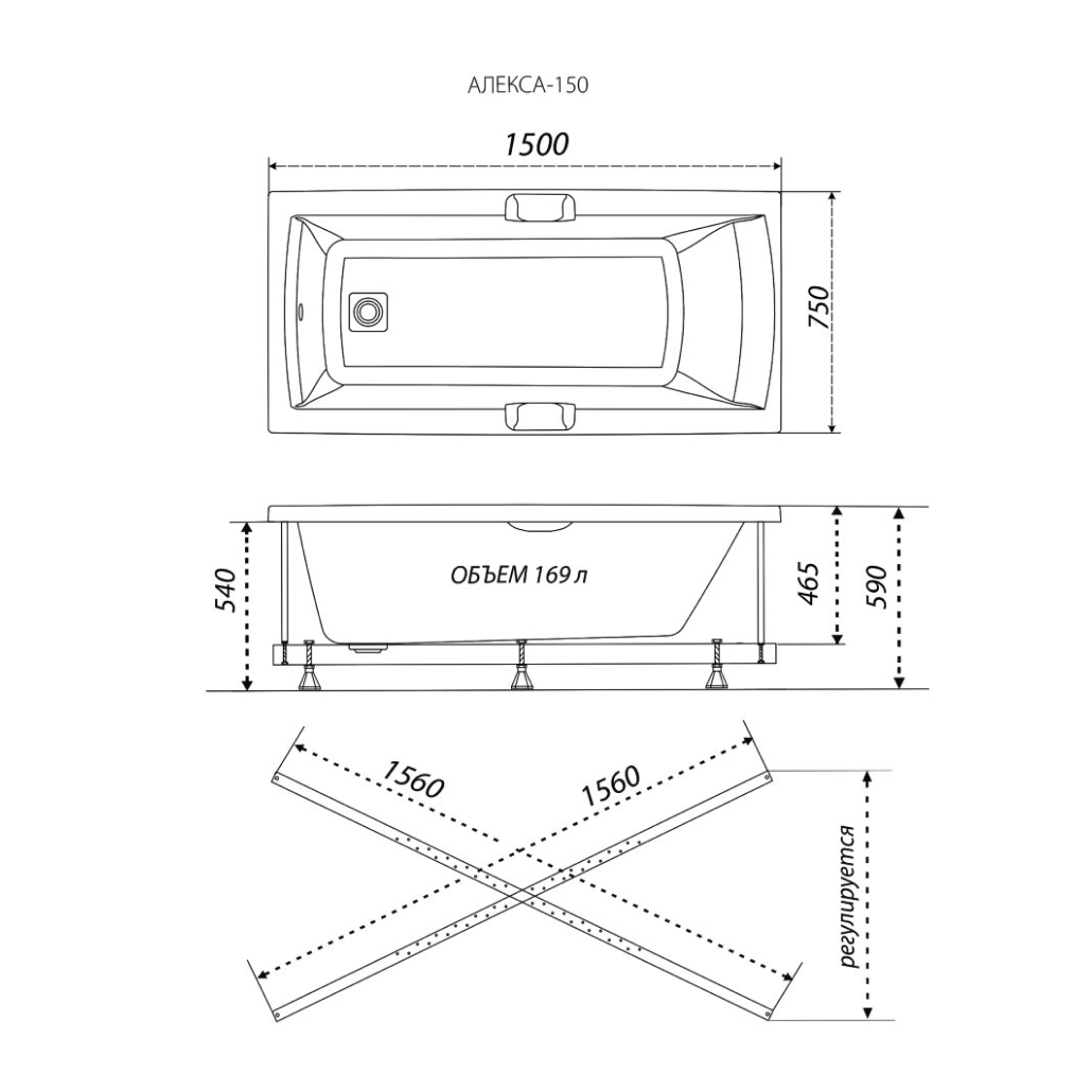 ТРИТОН Ванна Алекса прямоуг.1500х750 на каркасе без панели и сифона