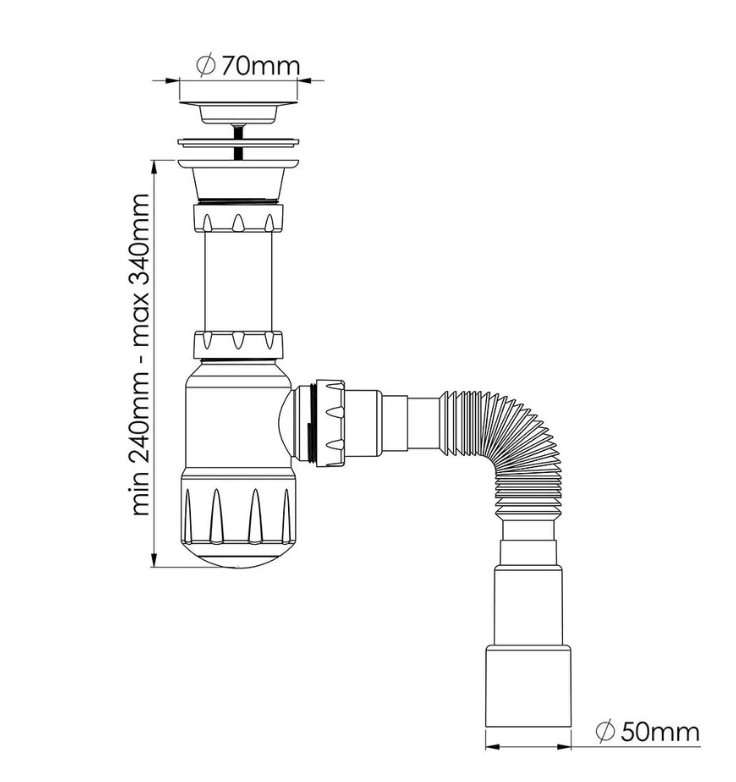 Сифон для умывальника выпуск 70мм разборный с г/т 1 1/2 -Ø40/50 1051 (40), NOVA PLASTIK