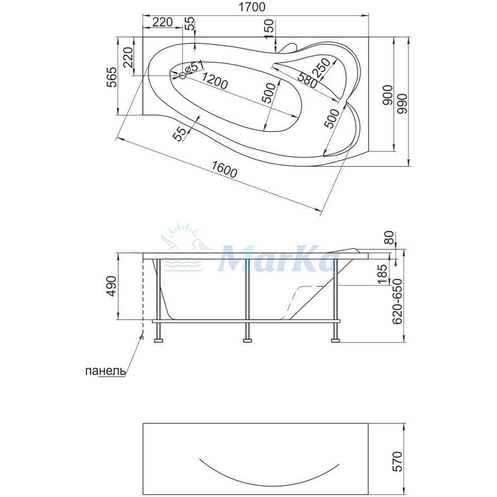 Ванна акрил 1MARKA GRACIA 170*100 L левая+каркас+ панель, без сифона