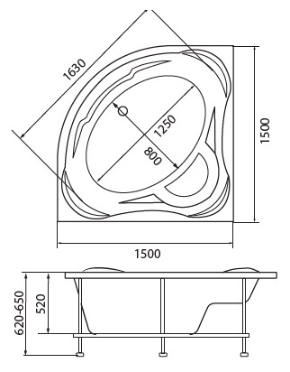 Ванна акрил 1MARKA PALERMO 150*150+каркас+панель без сифона