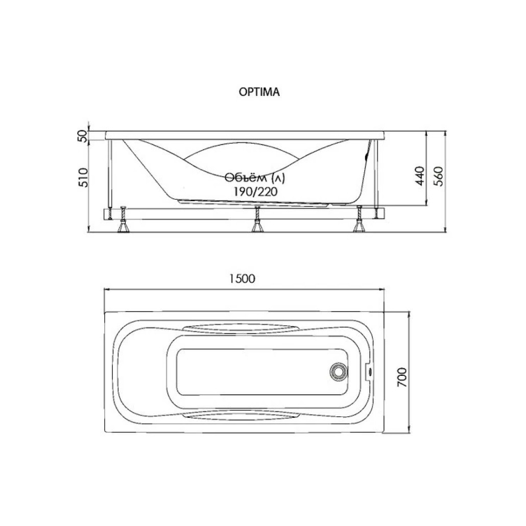 ТРИТОН Ванна Оптима прямоугольная 1500х700 без каркаса, панели, сифона