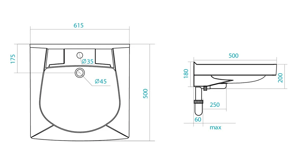 Раковина Пилот-50 (615*500) c кронштейном, крепежом и сифоном, SANTEK (1.WH30.1.970)