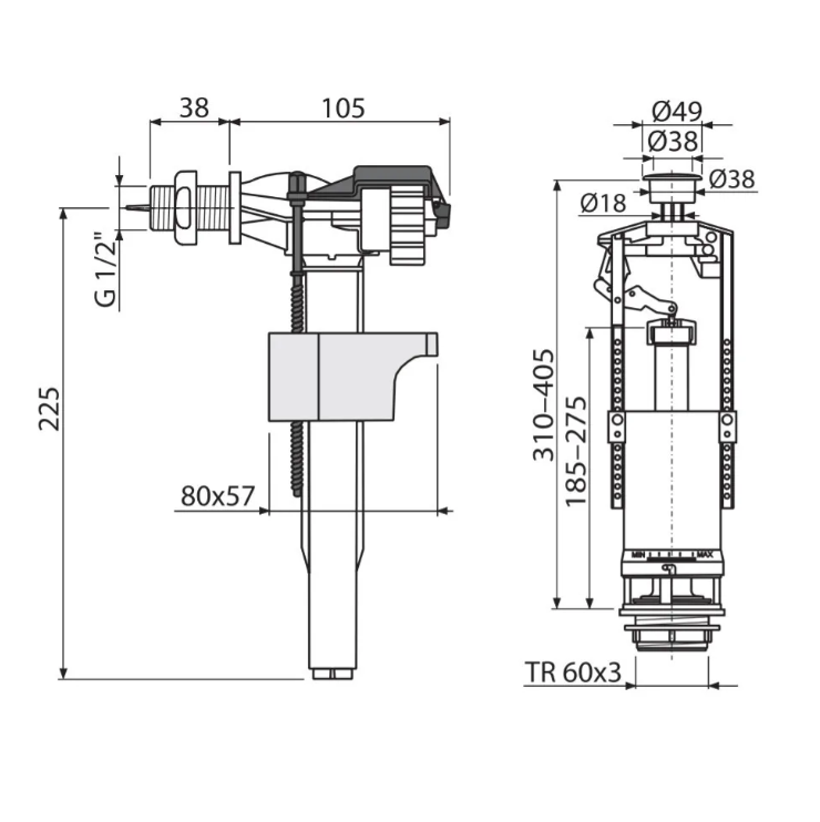 Арматура к бачку 1-кноп., бок/подвод, АLCAPLAST SA2000 1/2
