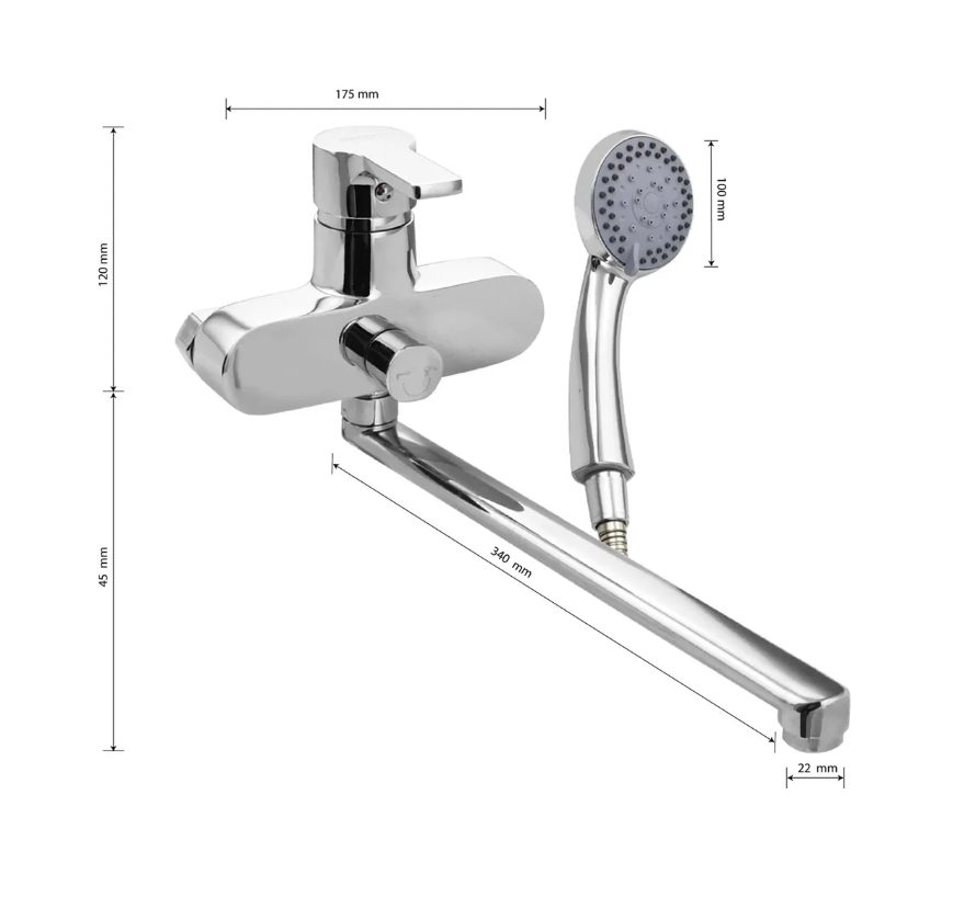 385016 BIANCO Смеситель ванна шаровый, длинный излив , c дивертором на корпусе