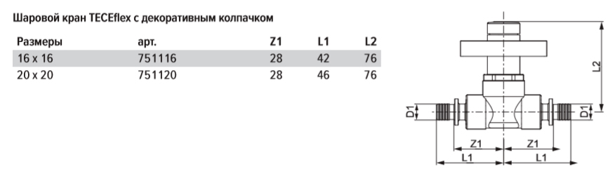 TECE Кран шар.16х16 скрытого монтажа, с колпачком 751116