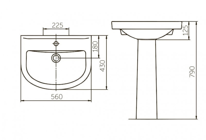 Умывальник Стандарт (56 см) с отв. (на кронш. КСт-210), без кронштейнов, Киров