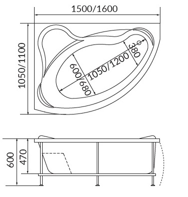 Ванна акрил 1MARKA CATANIA 150*105 правая+каркас+панель без сифона