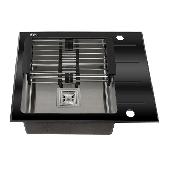 FABIA PROFI Мойка врезная 60х50см универс.ЧЁРНОЕ СТЕКЛО (8мм) и нержавеющая сталь+сифон+корзина 9502