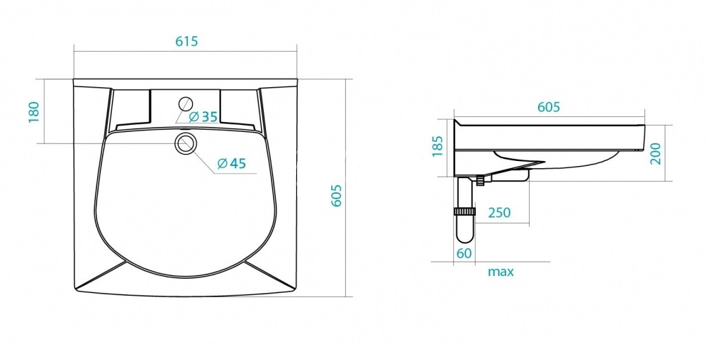 Раковина Пилот-60 (615*605) c кронштейном, крепежом и сифоном, SANTEK (1.WH30.1.971)