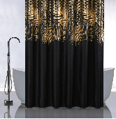 01-107 САНАКС Штора в ванную комнату без колец - ЗОЛОТЫЕ ПЕРЬЯ НА ЧЕРНОМ- полиэстэр