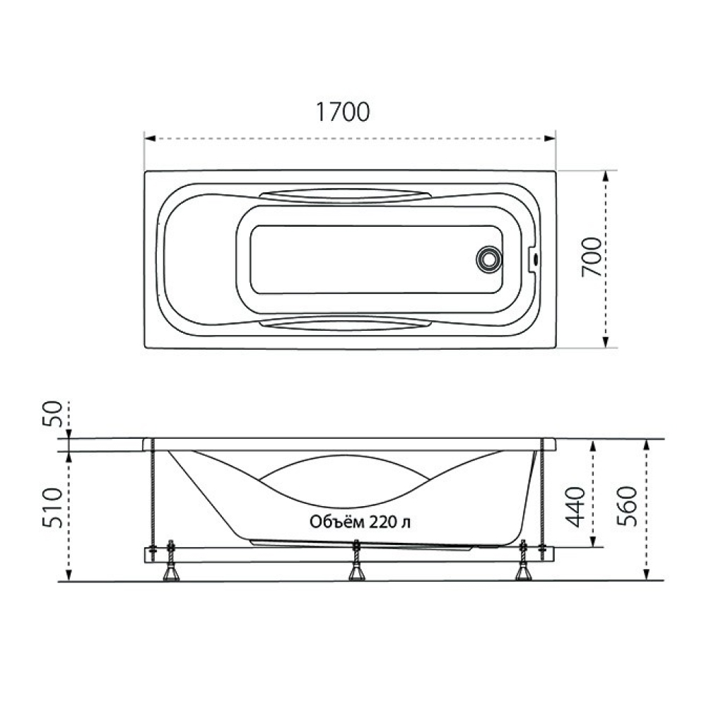 ТРИТОН Ванна Оптима прямоугольная 1700х700 без каркаса, панели, сифона