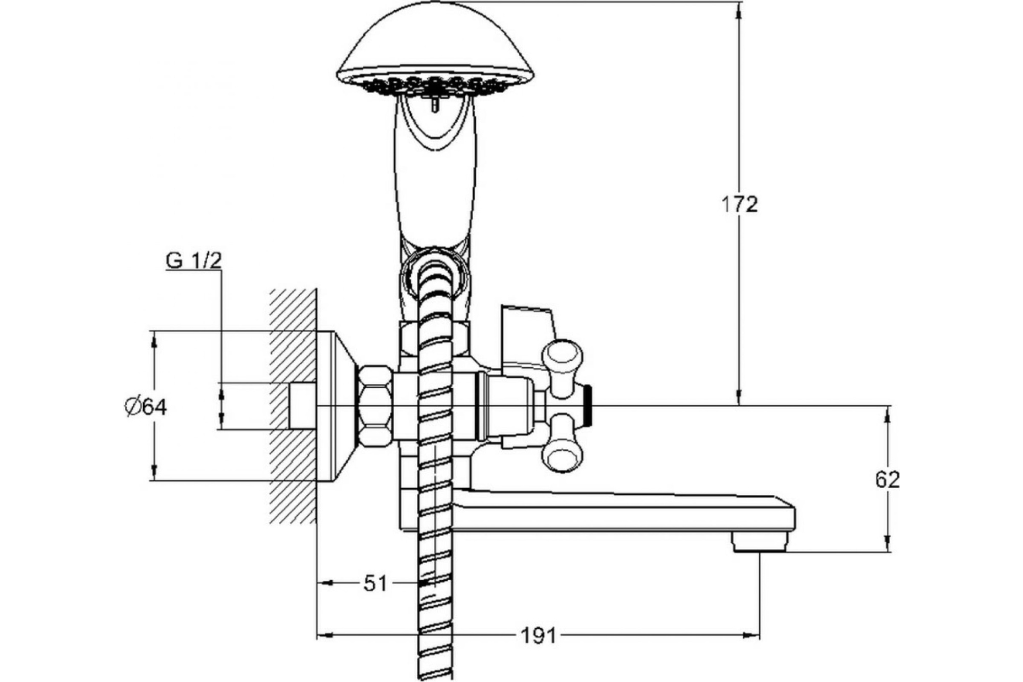 Смеситель для ванны с душем G-lauf QML3-A827 (1/2 керам, кор.излив переключение на корп.)