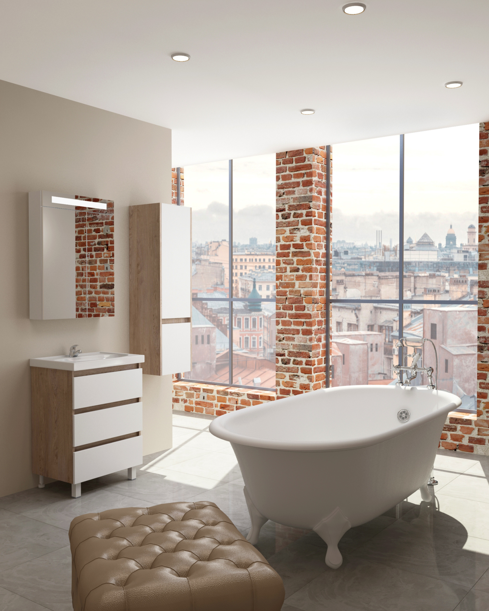 Модерн 60 DB2 Тумба белый/дуб +умывальник (рак.Фостер 60), ЯМЕБЕЛЬ (подвесная)