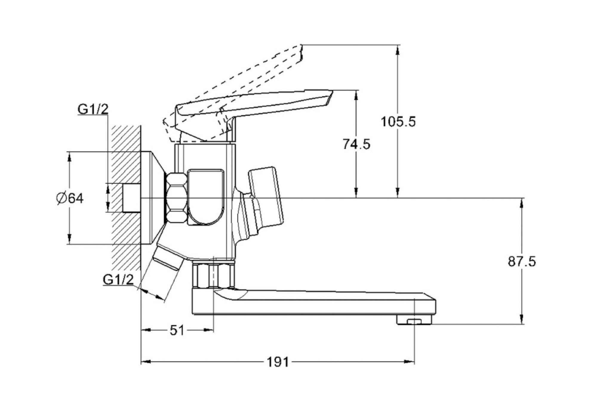Смеситель для ванны с душем G-lauf LOF3-A033 (D35 кор.излив дивертор в корпусе)