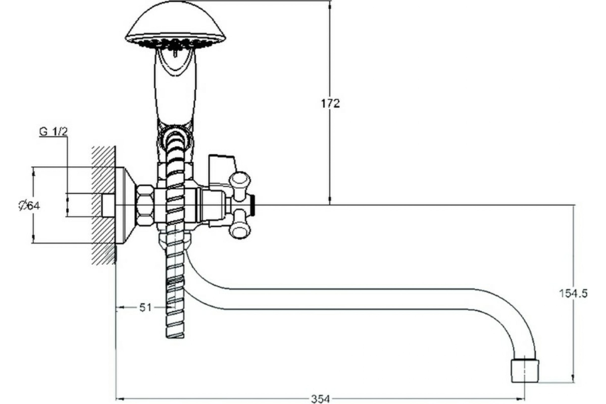 Смеситель для ванны с душем G-lauf QML7-A827 (1/2; керам. карт. переключение в корпусе)