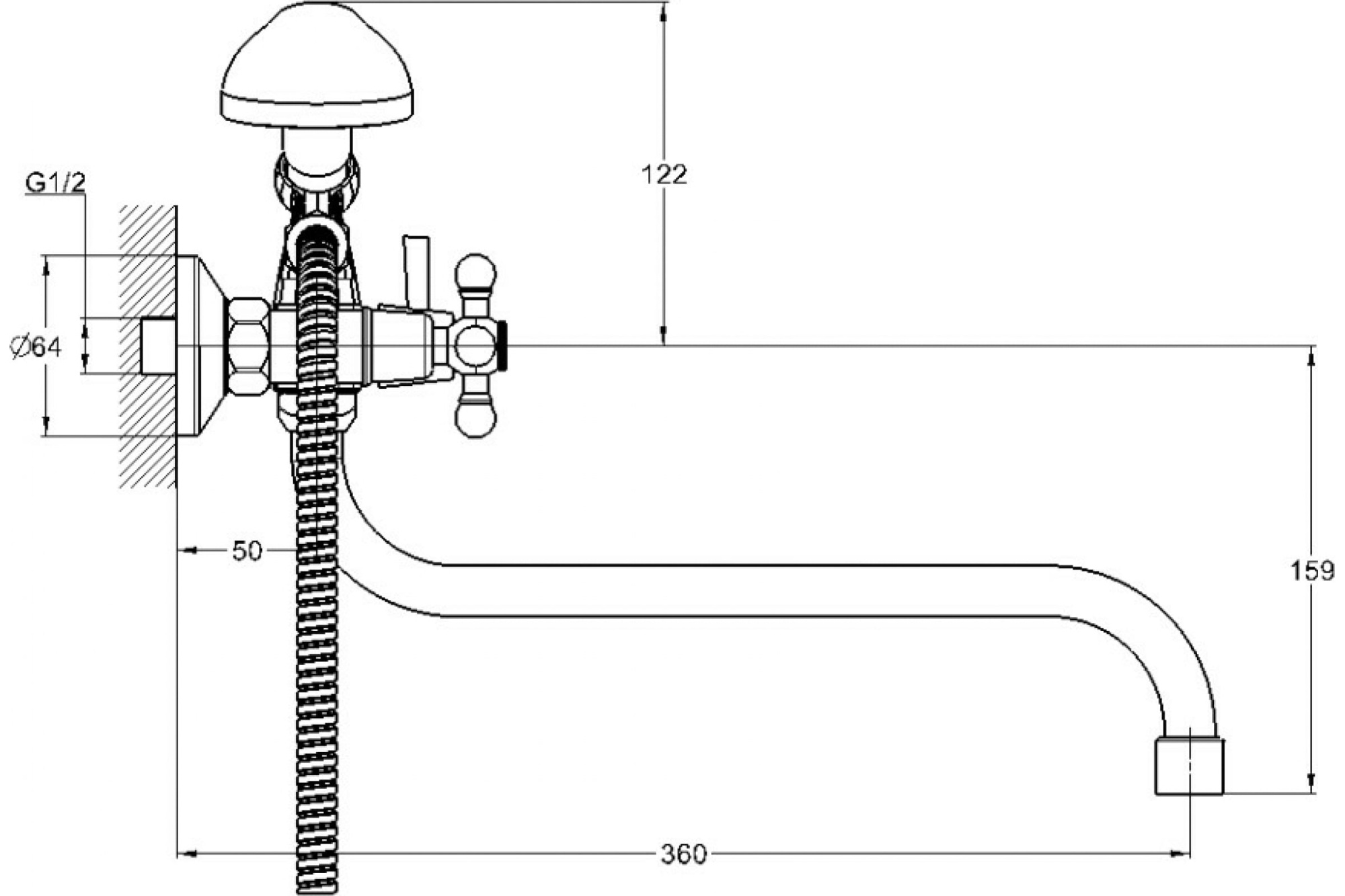 Смеситель для ванны с душем G-Lauf JMX7-A605 (1/2 керам. длин.излив дивертор в корпусе)